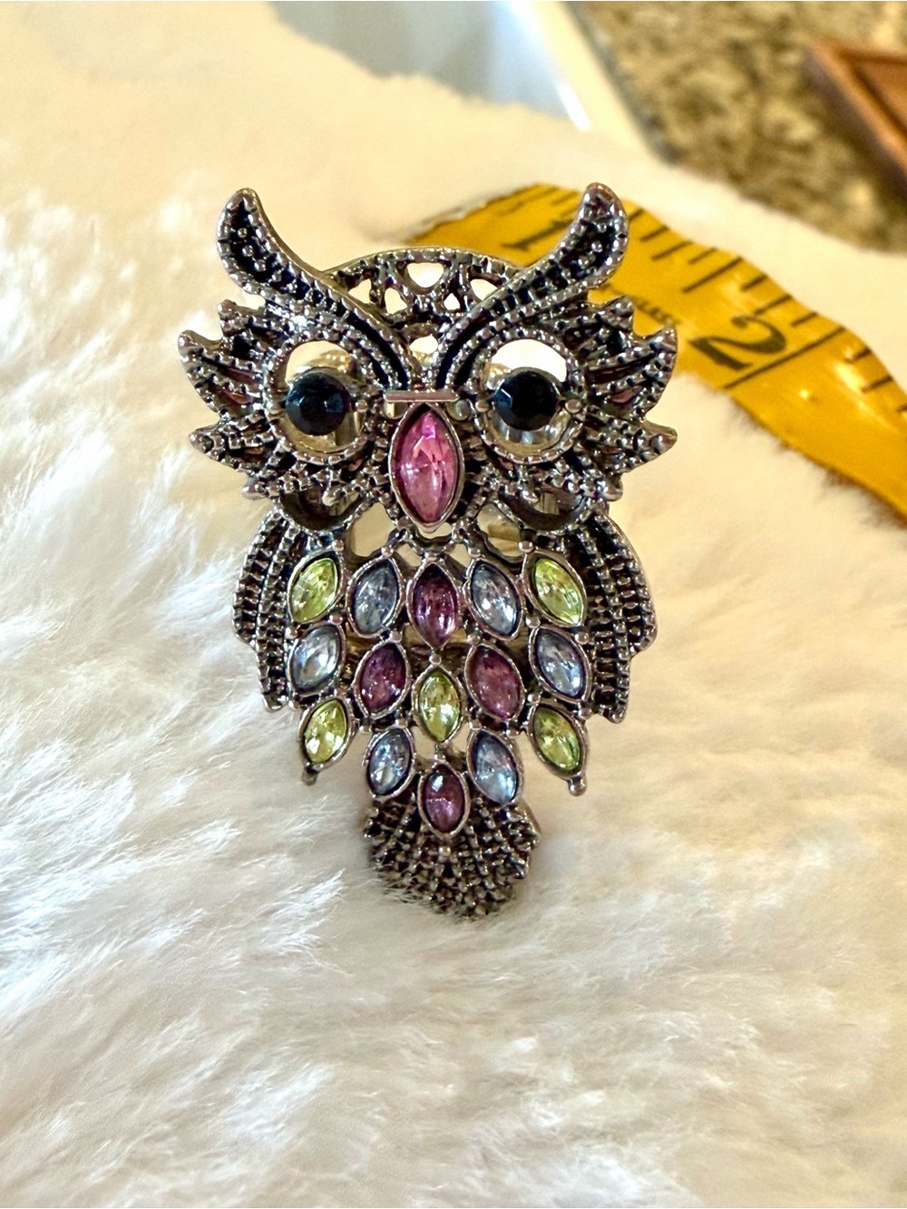 Owl Ring in Pink, Green & Blue